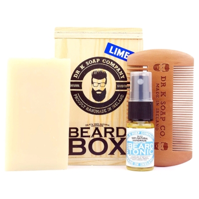 Sada mýdla, hřebenu a tonika na vousy v dřevěném boxu DR K SOAP COMPANY Beard box Lime
