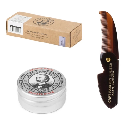 Dárková sada vosku a skládacího hřebínku na knír CAPTAIN FAWCETT Private stock